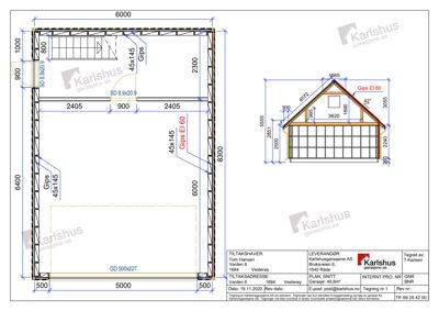 Tegning som viser etasjeplan (romfordeling) og fasadeopprikk for en garasje.