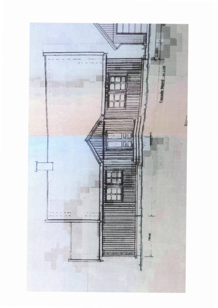 Fasadetegning (opprikk) av en bygning sett fra nord.