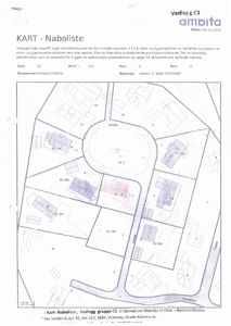 Et kart (naboliste) som viser eiendomsnummer, arealer og bygningsplassering i et område.