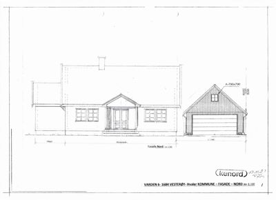 Fasadetegning (opprikk) av en bygning sett fra nord, med mål og detaljer.