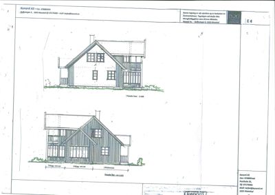 Fasadetegning som viser bygningens utseende fra vest og syd-vest.