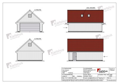 Fasadetegning som viser front og sideutsikt av en garasje med dører, vinduer og takform.