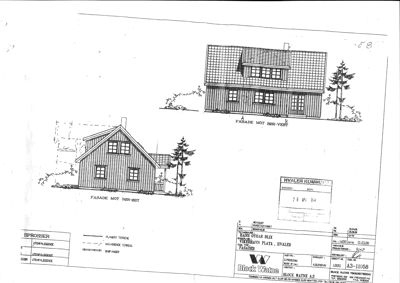 Fasadetegning som viser bygningens utseende fra to ulike vinkler (Sør-Vest og Sør-Øst).