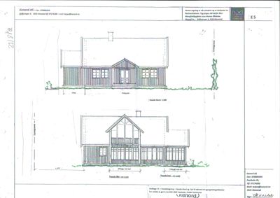 Fasadetegning som viser bygningens utseende fra to ulike vinkler (Nord og Vest).