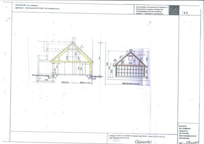 Snittegning som viser tverrsnitt gjennom en bygning (eller del av den), med mål og konstruksjonsdetaljer.