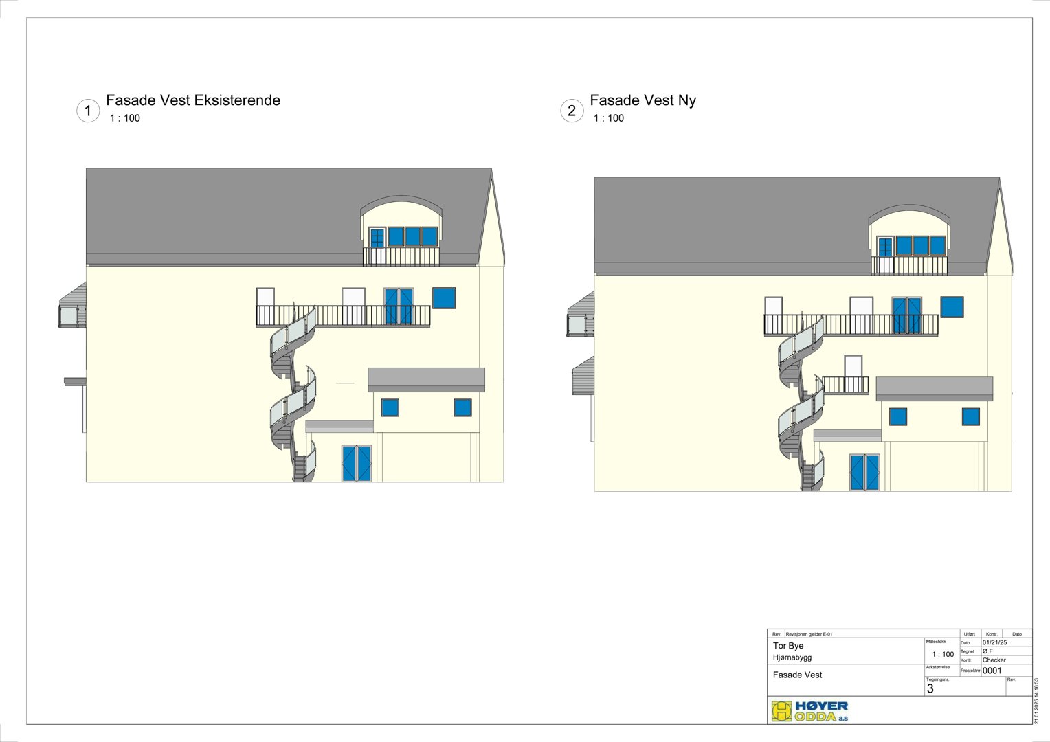 Fasadetegning som viser eksisterende og ny vestfasade på en bygning, inkludert vinduer, balkonger og trapper.