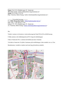 Et kart over et område med røde og blå linjer som representerer vannledninger, og grønnfargete ikoner som sannsynligvis markerer hydranter eller andre vannutstyr. Kartet er inkludert i en e-postmelding om brannvann.