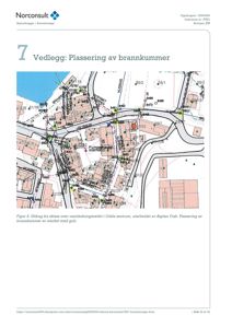 Kartutsnitt som viser vannledningsnett i Odda sentrum med plassering av brannkummer.