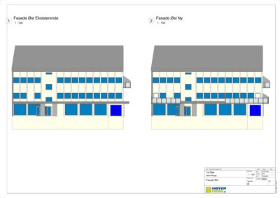 Fasadetegning som viser eksisterende (venstre) og ny (høyre) fasade på en bygning, med detaljer om vinduer, dører og takform.