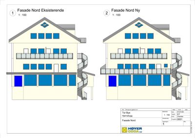 Fasadetegning som viser eksisterende og ny fasade for bygningen sett fra nord.