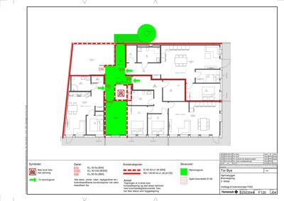Etasjeplan (2. etasje) med romfordeling, ramningsveier og brannkonsept.
