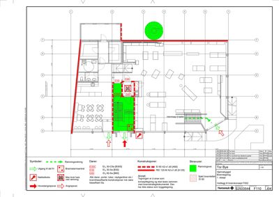 Etasjeplan (1. etasje) med brannkonsept, utgangsplassering og konstruksjonsklasser