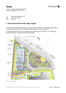 Landskapsplan med 3D-visualisering av beplantning, terrengform og bygningssilhuett for byggetomta.
