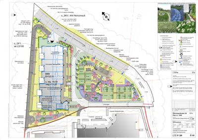 Situasjonsplan som viser bygningens plassering på tomt, omgivelser, terrengform, vegetasjon og tilknyttede arealer.
