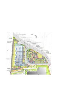 Landskapsplan med 3D-visualisering av beplantning, terrengform og bygningssilhuett for byggetomta.