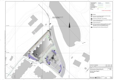 Situasjonsplan som viser tomtens form, eksisterende og planlagt bebyggelse, veier, vannløp og infrastruktur.