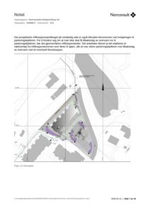 Situasjonsplan (drensjevn) som viser tomtens form, omgivende bygninger, vannløp og planlagt drenering.