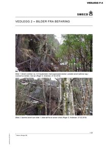 Fotografier av en skrent i skogen med blokker, tatt under befaring.