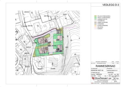 Situasjonsplan som viser tomtens form, høydekurver, naboeiendommer, plassering av bygninger, parkeringsplasser og veggrunn.