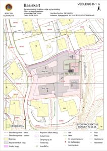 Basiskart (situasjonsplan) som viser eiendomsgrenser, bygninger, tomteareal og topografi for et byggeprosjekt i Bergen.