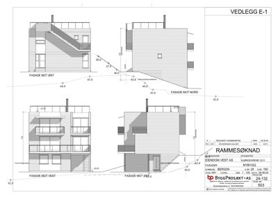 Fasadetegning som viser bygningens utsyn mot øst, nord, vest og sør med høydemål og detaljer.