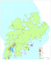 Kart over et geografisk område (Tromsø kommune) med fargekodet informasjon om arealbruk eller geologi.