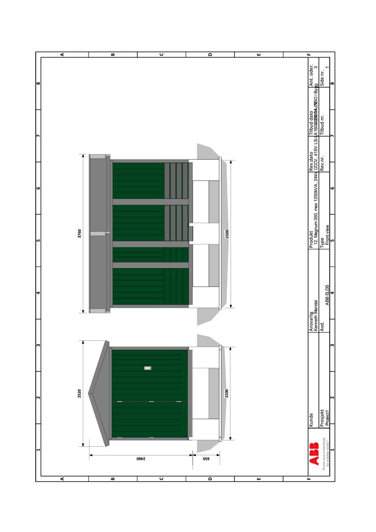 Fasadetegning som viser oppriss av en bygning (eller en del av den) sett fra utsiden, med mål og detaljer for tak og vegger.