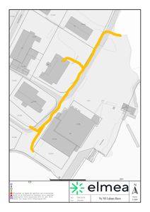 Situasjonsplan som viser eiendomsinndeling, bygninger og en markert rute (gult) i området Ny NS Leknes Havn.
