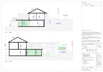 Snittegning (Snitt A og Snitt B) som viser tverrsnittet av en bygning med mål, romfordeling og konstruksjonsdetaljer.
