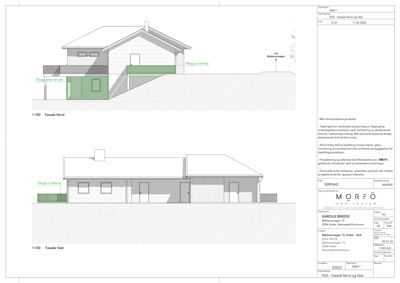 Fasadetegning som viser bygningens utseende fra nord og vest, inkludert terrasser og balkonger.