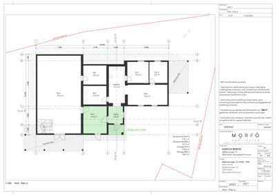 Etasjeplan (Plan U) for en bolig (HUS) som viser romfordeling, mål og snittlinjer.