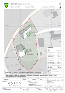 Situasjonsplan som viser tomt, bygninger, veier og arealoversikt for en byggesøknad.