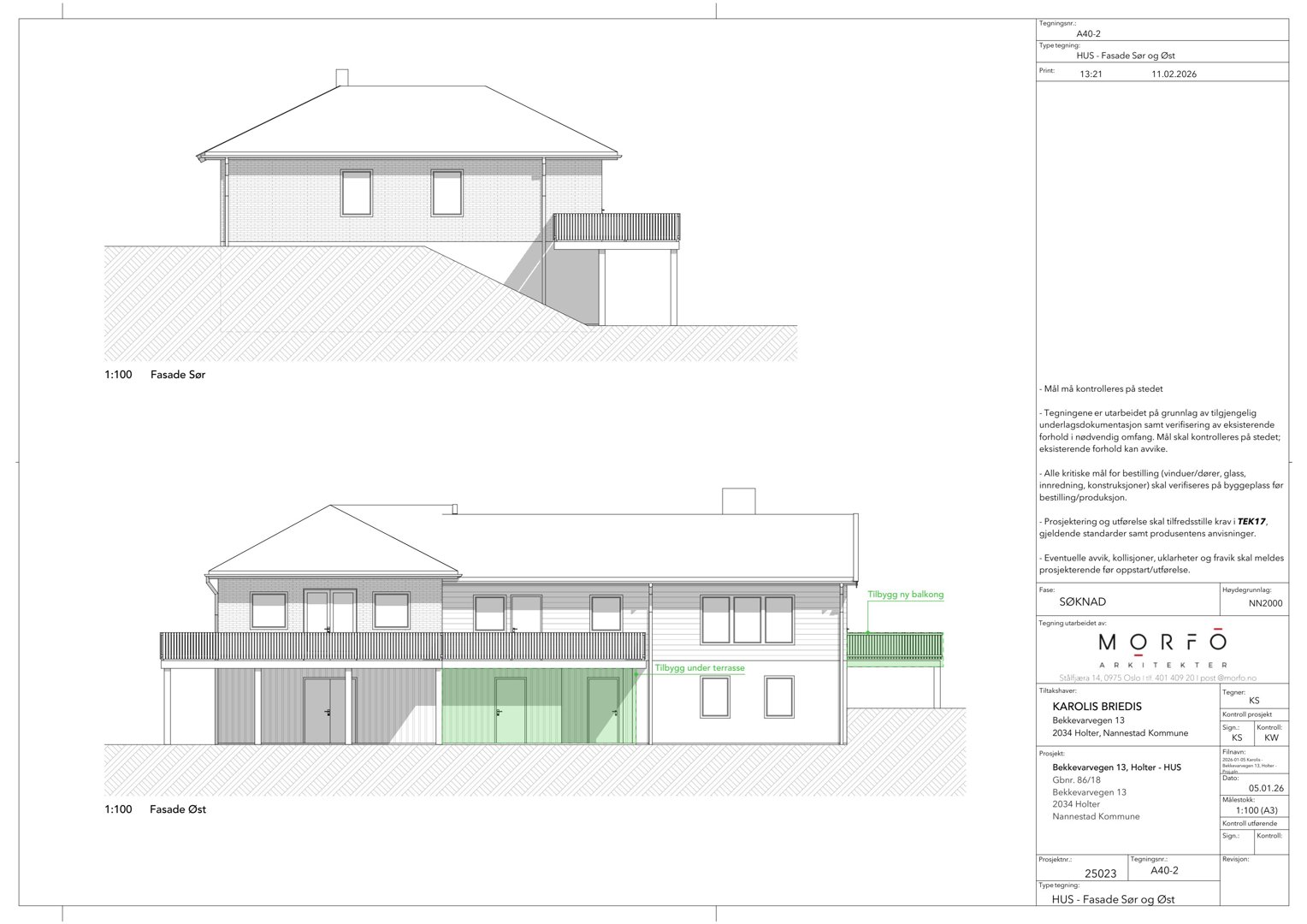 Fasadetegning som viser bygningens utseende fra sør og øst, inkludert detaljer om terrasser og balkonger.