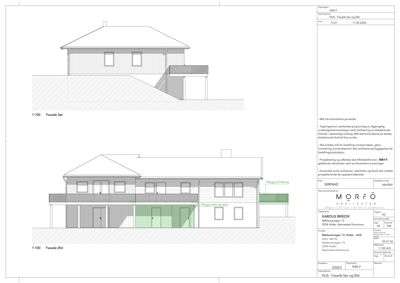 Fasadetegning som viser bygningens utseende fra sør og øst, inkludert detaljer om terrasser og balkonger.