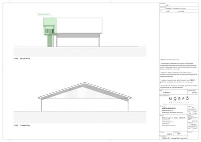 Tegning som viser fasadeoppsett for en garasje sett fra nord og vest.