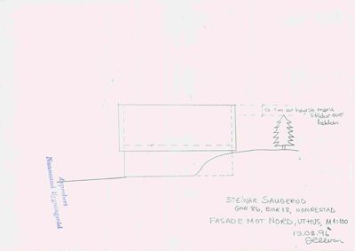 En håndtegnet fasadetegning (opprikk) av en bygning sett fra nord, med notater om høydemåling og eiendomsdata.