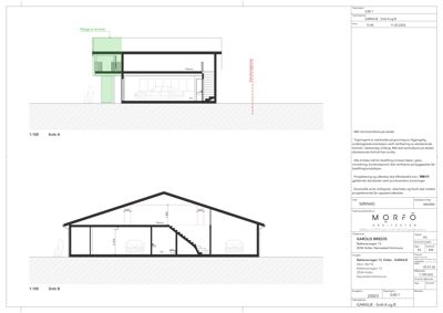 Tegning som viser tverrsnitt gjennom en garasje og tilhørende terrasse. Det er to snitt vist: Snitt A (overliggende etasje) og Snitt B (nederste etasje).