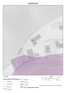 Kart over et område med topografi, bygninger og overlag for maksimalvannstandstigning og flomaksjonsområde.