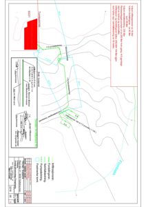 Situasjonsplan som viser grunnvannsspeilet, vannførende lag (grønn), og utstyringsanlegg for en bygning.