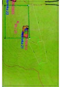 Situasjonsplan som viser eiendomsgrenser, mål på tomtekanter og nabolag (hus 21 og 23).