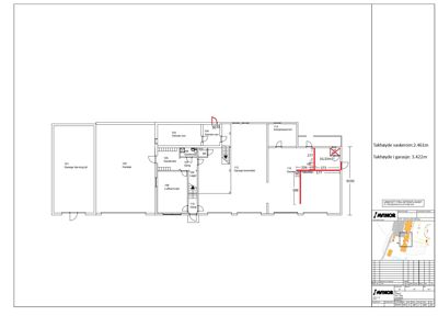Etasjeplan (1. etasje) som viser romfordeling, garasje, vaskerom og trapp. Tegningen inneholder mål og romnummer.