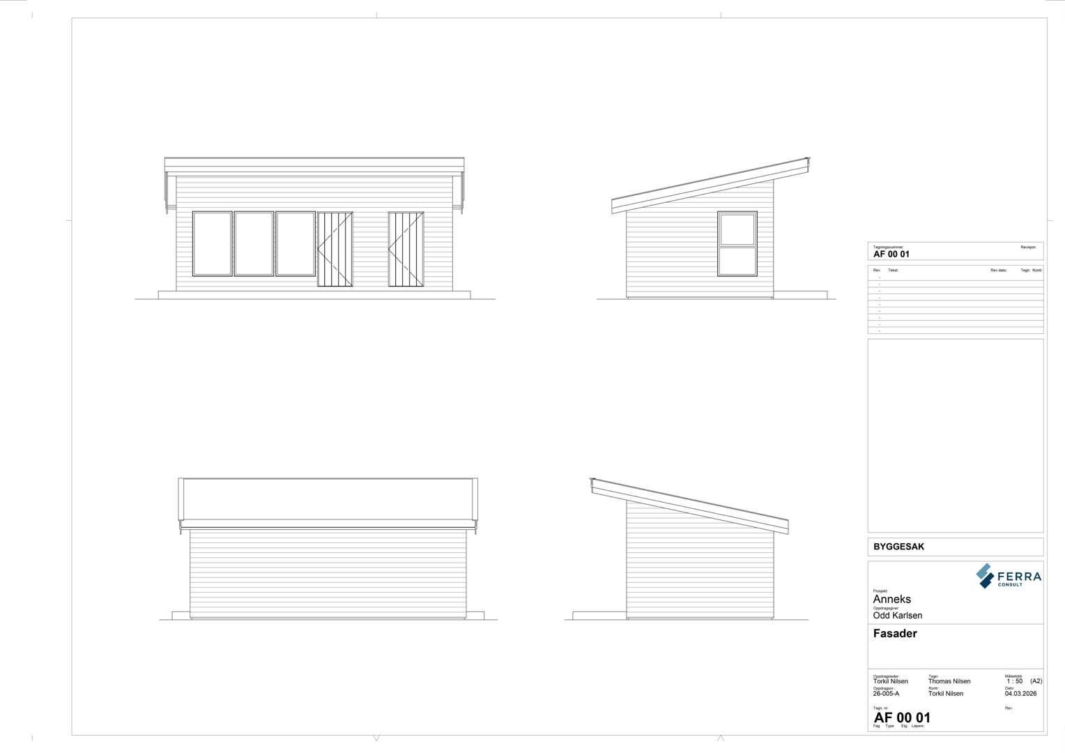 Fasadetegning som viser front- og sideopprikk av en bygning.