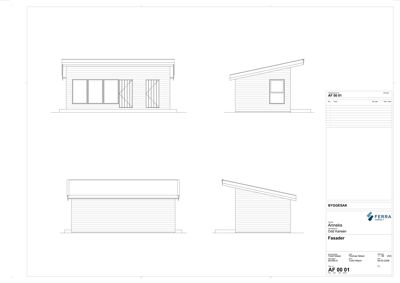 Fasadetegning som viser front- og sideopprikk av en bygning.