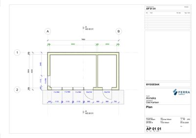 Etasjeplan (plan) som viser romfordeling, dimensjoner og konstruksjoner for en bygning eller annekset.