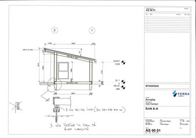 Snittegning (Snitt A-A) av en annexbygning som viser konstruksjonen, høyder og dimensjoner.