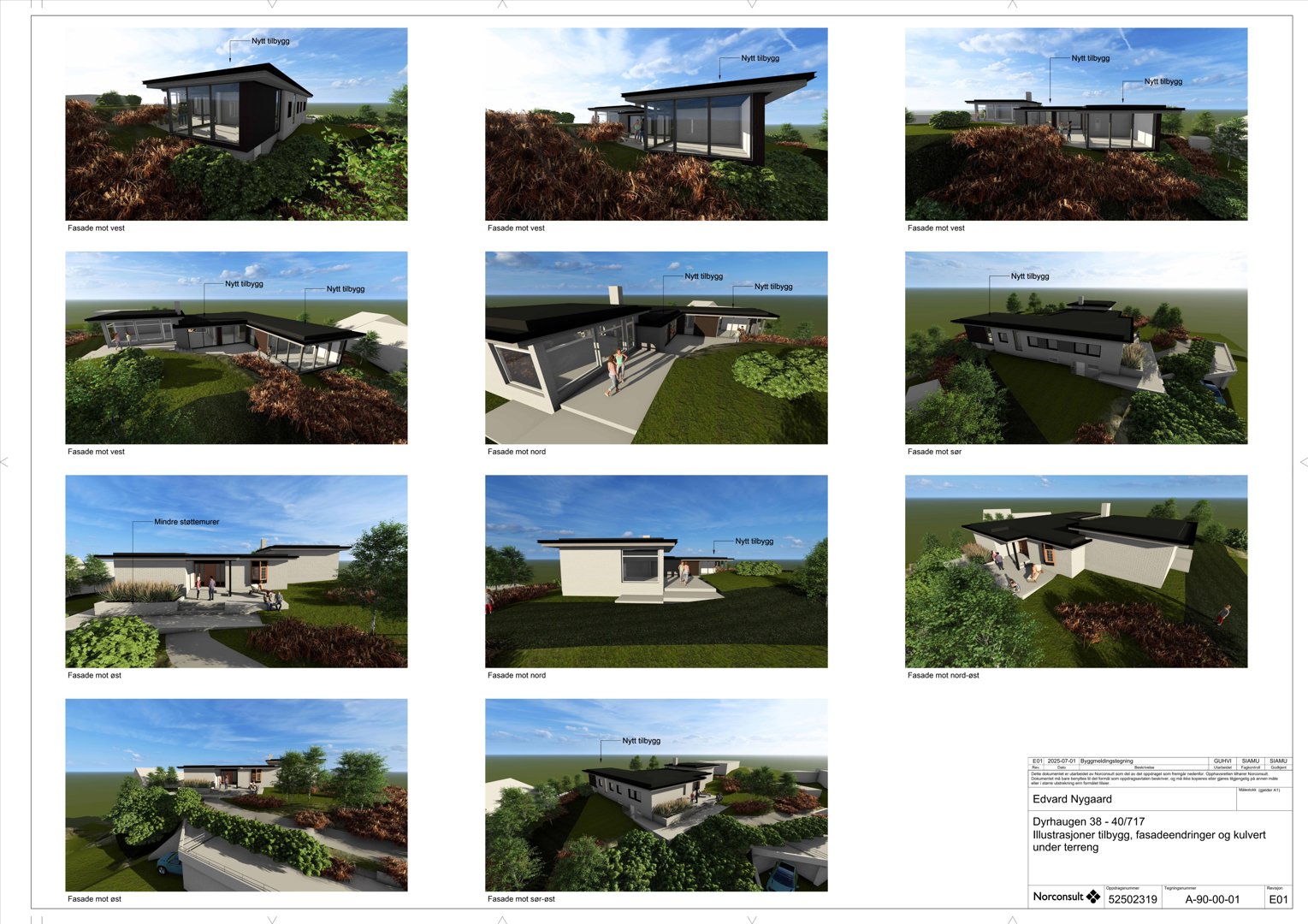 En samling av 3D-visualiseringer (renderinger) som viser ulike fasader og perspektiver av en planlagt nybygging.