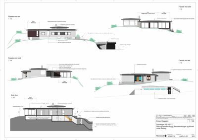 Tegning som viser fasadeoppsett for en bygning sett fra fire ulike sider (sør, nord, øst og vest), samt et snitt (Snitt A-A) som viser høyder og innvendig konstruksjon.
