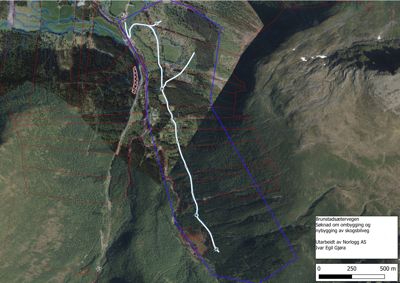 Flyfoto eller satellittbilde av et område med overlagte tegninger som viser en planlagt vei (Brunstadsetervegen) og eiendomsgrenser.