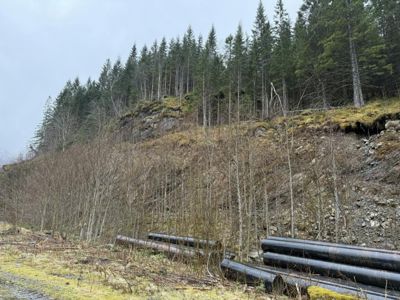 Fotografi av et terreng med skog, en steil skrent og store rør liggende på bakken, sannsynligvis i forbindelse med en bygge- eller anleggsarbeid.