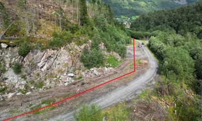 Fotografi av et terreng med en grusvei, skog og en markert grense (rød linje) langs veien.